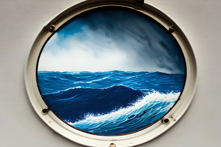 Sea view from the porthole of a ship with sea wavesの素材