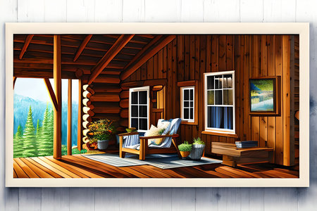 Wooden terrace with furniture in the mountains. Vector illustration.の素材