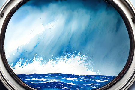 View from the porthole of an airplane with a seascape in the backgroundの素材