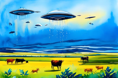 Flying saucers and cows in the meadow. Illustrationの素材
