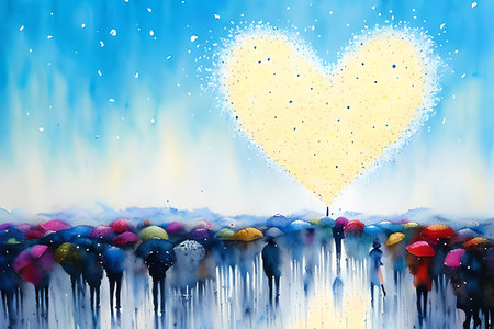 Colorful background with people holding umbrellas and heart shaped balloonの素材