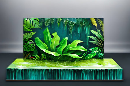 Tropical background with palm leaves and plants. 3d illustrationの素材