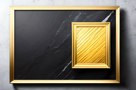 Golden frame on black marble background. Mock up, 3D Renderingの素材