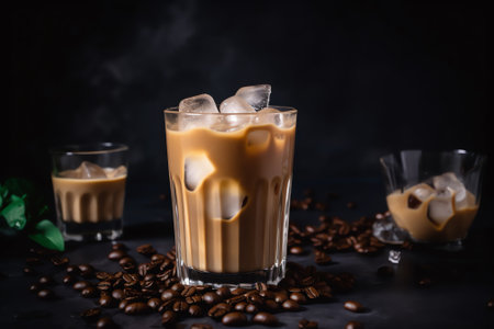 Iced coffee with milk in glass and coffee beans on dark backgroundの素材