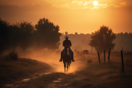 Cowboy riding a horse in the desert at sunset. Western cowboy on horseback.の素材