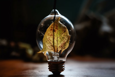 Autumn leaves in a light bulb on a dark background with copy spaceの素材