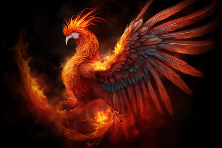 3d rendering of a red rooster in fire with wings spreadの素材