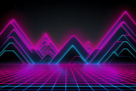 Retro 80s Sci-Fi Background with Neon Triangle. Vector Illustrationの素材