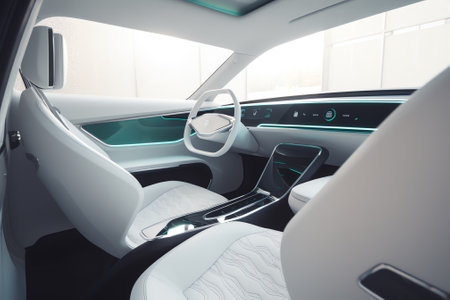 Modern luxury car interior. Interior of prestige modern car. Steering wheel and dashboard. White leather seatsの素材