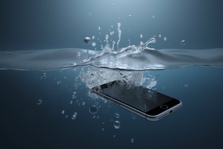 Smartphone falling into water with splash on blue background. 3d illustrationの素材