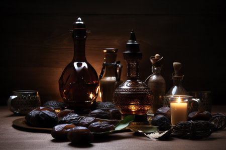Ramadan Kareem greeting card with dates and oil lamp on wooden backgroundの素材