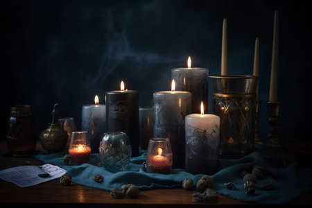 Burning candles in the dark. Halloween concept. Selective focus.の素材