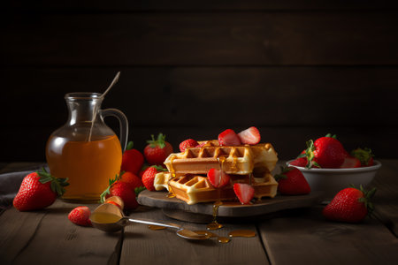 Belgian waffles with fresh strawberries and honey on a wooden backgroundの素材