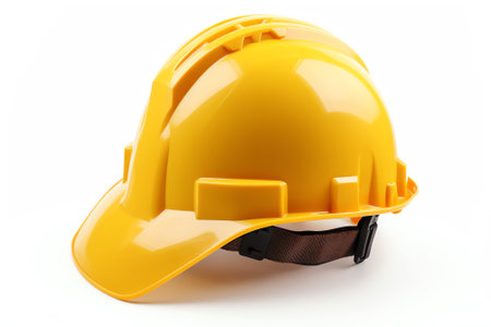 Yellow hard hat isolated on white background. 3d illustration. Front view.の素材
