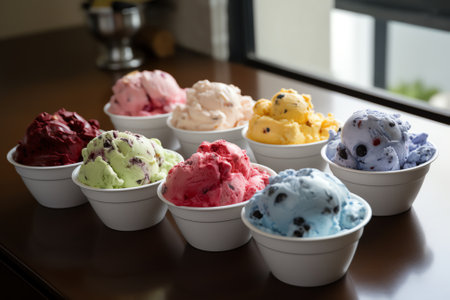 Colorful ice cream scoops in white bowl on wooden table.の素材