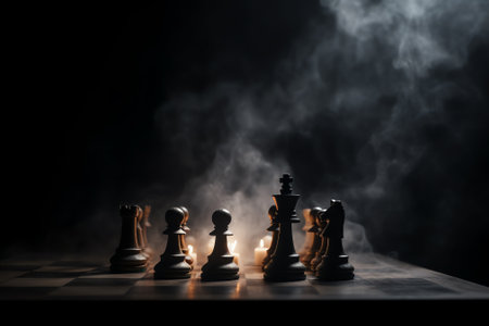 Chess board game concept of business ideas and competition and strategy ideas concep. Chess figures on a dark background with smoke. Selective focusの素材