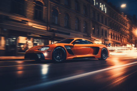 Luxury orange sport car on the road in the city at nightの素材