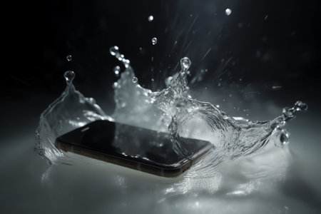 Mobile phone with water splashes and drops on a dark background.の素材