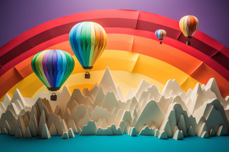 Colorful hot air balloons flying over mountain landscape. 3D Renderingの素材