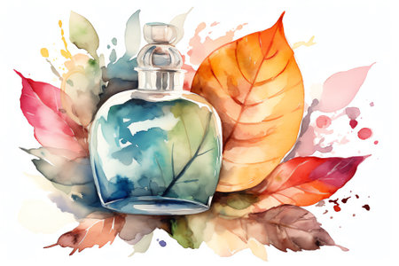 Watercolor illustration of a bottle of perfume with autumn leaves on white backgroundの素材
