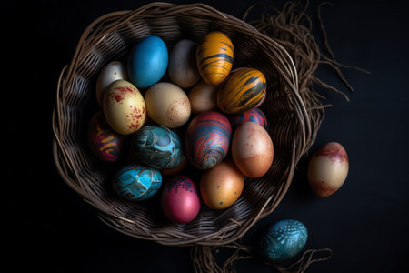 Colorful easter eggs in a basket on a black background.の素材