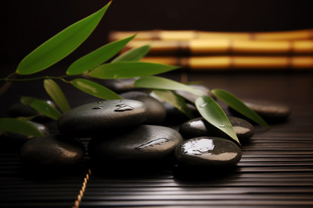 zen basalt stones and bamboo on the bamboo mat - beauty treatmentの素材
