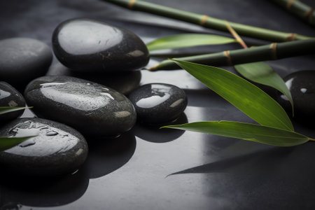 zen basalt stones and bamboo on the black  background with water dropsの素材