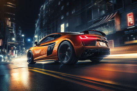 Modern orange sports car on the road at night. 3d renderingの素材