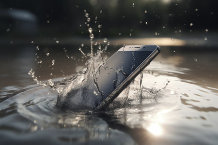 Smartphone with water splash in the rain. Mobile phone in the rain.の素材