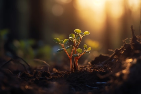 Small green seedlings growing from seed in a beautiful spring forest at sunsetの素材