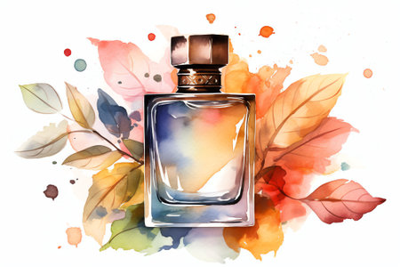 Bottle of perfume with watercolor splashes. Vector illustration.の素材