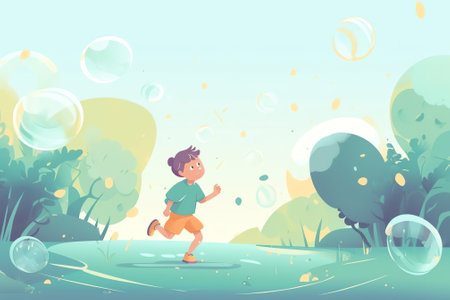 Little boy playing with soap bubbles in the park. Vector illustration.の素材