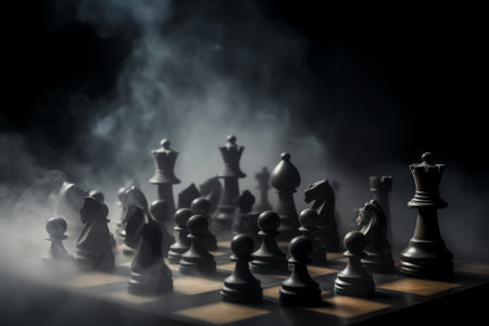 Chess board game concept of business ideas and competition and strategy ideas concep. Chess figures on a dark background with smoke and fog. Selective focusの素材