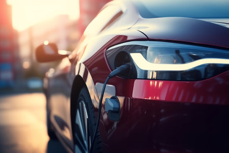 Close up of red electric car charging on the street with sunlight.の素材