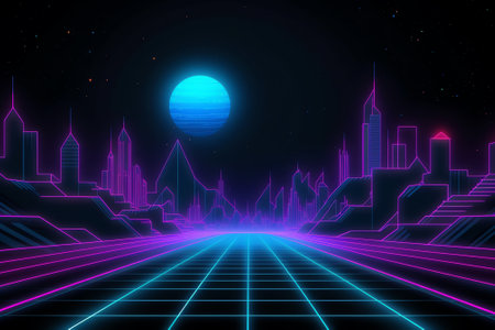 Retro 80s Sci-Fi Background. Futuristic Sci-Fi Landscapeの素材