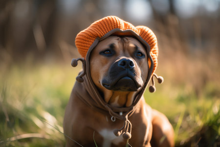 Cute Rhodesian Ridgeback puppy in a warm hat outdoors.の素材