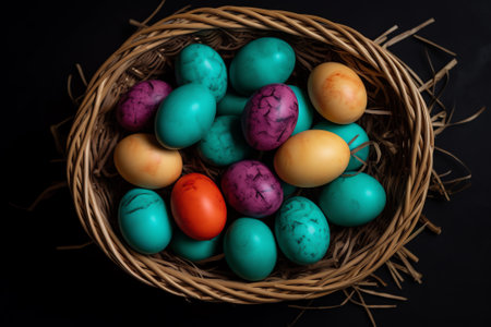 Colorful easter eggs in a basket on a black background.の素材