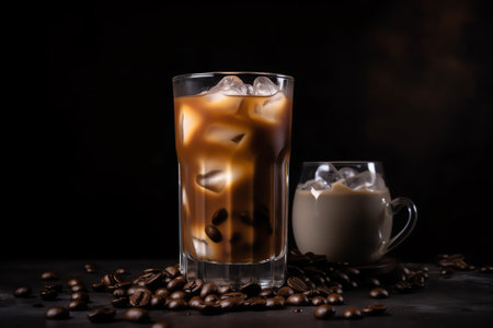 Iced coffee in a tall glass and coffee beans on a dark backgroundの素材
