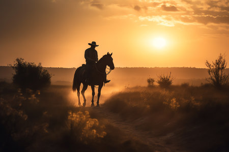 Silhouette of a cowboy on horseback in the desert at sunsetの素材
