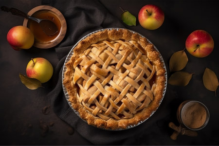 Homemade apple pie on dark background. Top view, copy spaceの素材