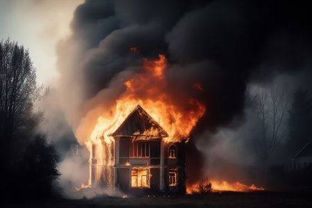 Burning house in the forest. Fire in the old house.の素材