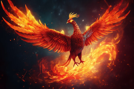 3d rendering of a peacock on fire background with copy spaceの素材