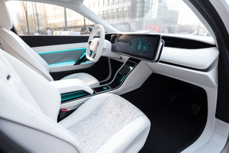 Modern luxury car interior, steering wheel and dashboard. Modern car interiorの素材