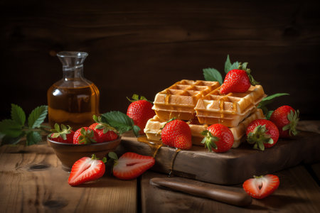 Belgian waffles with fresh strawberries and honey on wooden background.の素材