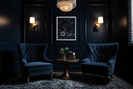 Luxury living room interior with blue armchairs and a tableの素材