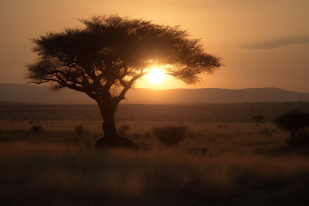 Sunset in the savannah of Serengeti National Park, Tanzaniaの素材