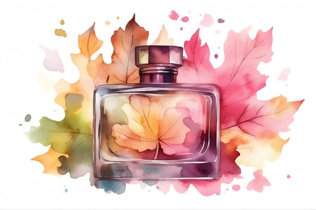 Watercolor illustration of a bottle of perfume with autumn leaves on a white backgroundの素材