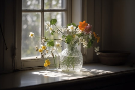 Vase with spring flowers on the windowsill. Spring mood.の素材