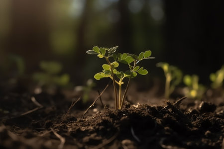 Green seedling illustrating concept of new life with bokeh backgroundの素材