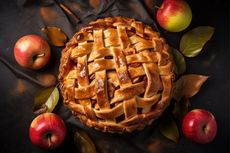 Homemade apple pie with fresh apples on black background, top viewの素材